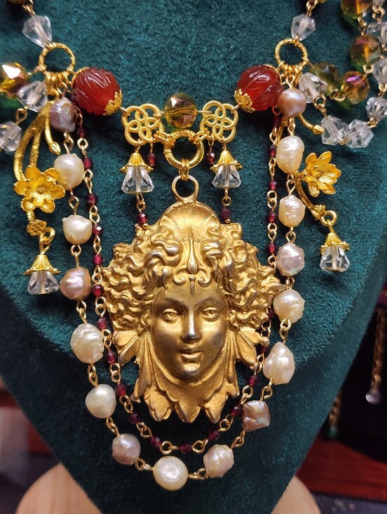 Lindsay's Gifts Jewelry - Festoon Necklace Medusa Pendant Garnet Pearl Carnelian Quartz